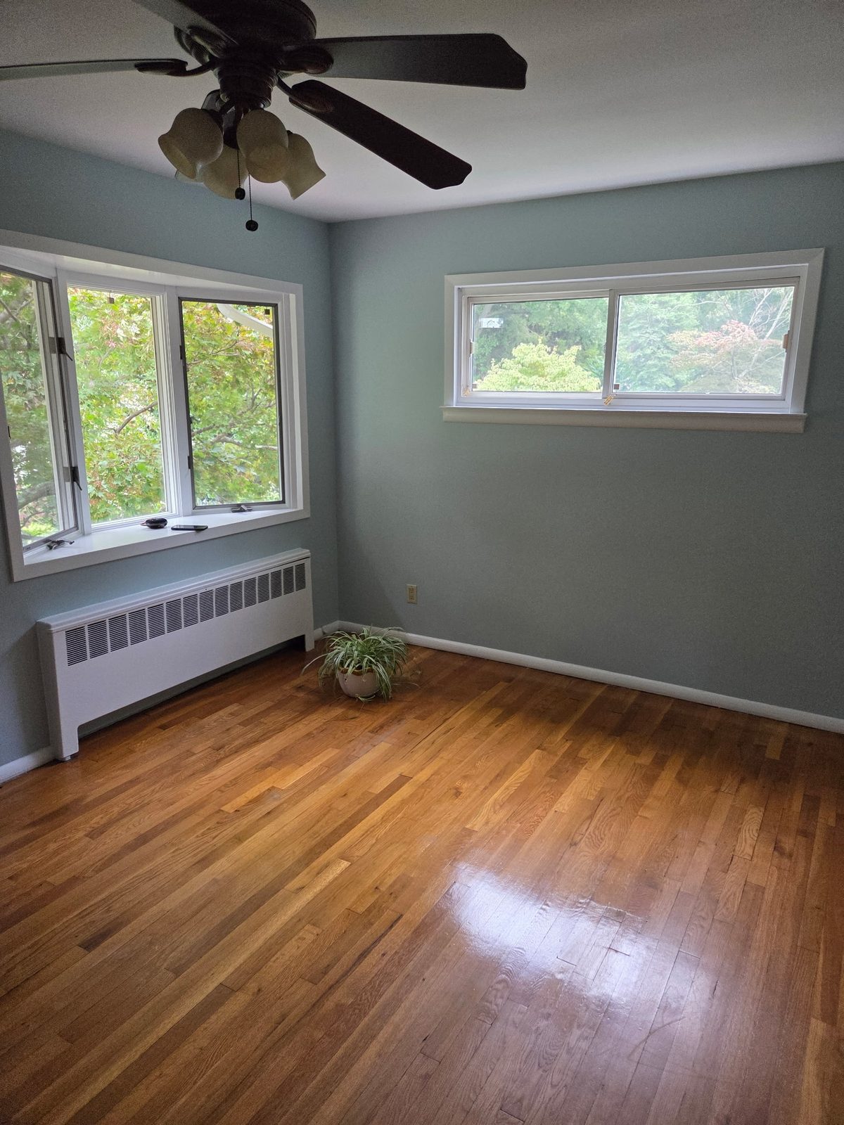 Bedroom in soft blue-grey with white trim, radiator and hardwood floor